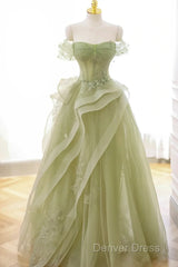 Cute Light Green A-Line Beaded Tulle Party Dresses, Light Green Long Prom Dresses