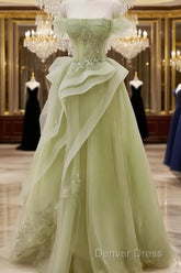 Cute Light Green A-Line Beaded Tulle Party Dresses, Light Green Long Prom Dresses