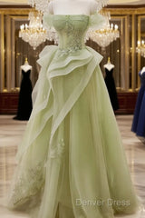 Cute Light Green A-Line Beaded Tulle Party Dresses, Light Green Long Prom Dresses