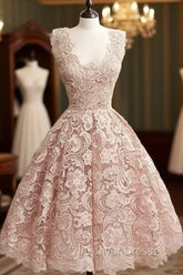 Cute Light Pink Lace Short Prom Dresses, Lace Bridesmaid Dresses