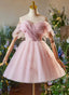 Cute Light Pink Off Shoulder Tulle Homecoming Dress, Pink Short Prom Dresses
