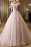 Cute Light Pink Tulle Flowers Off Shoulder Prom Dresses, Sweet 16 Gowns
