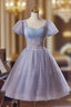 Cute Light Purple Short Sleeves Homecoming Dress, Light Purple Prom Dresses