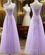 Cute Light Purple Tulle with Lace V-neckline Prom Dresses, Long Evening Gown Formal Dresses