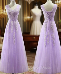 Cute Light Purple Tulle with Lace V-neckline Prom Dresses, Long Evening Gown Formal Dresses