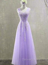 Cute Light Purple Tulle with Lace V-neckline Prom Dresses, Long Evening Gown Formal Dresses