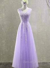 Cute Light Purple Tulle with Lace V-neckline Prom Dresses, Long Evening Gown Formal Dresses