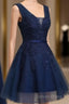 Cute Navy Blue Knee Length Lace Applique Prom Dress, Homecoming Dresses
