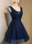 Cute Navy Blue Knee Length Lace Applique Prom Dress, Homecoming Dresses
