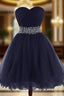 Cute Navy Blue Sweetheart Beaded Homecoming Dresses, Short Prom Dresses