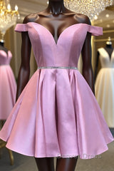 Cute Off Shoulder Pink Satin Short Prom Dresses, Off the Shoulder Pink Homecoming Dresses, Pink Formal Graduation Evening Dresses