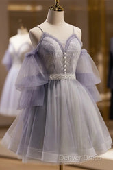 Cute Off Shoulder Tulle And Lace Straps Homecoming Dresses, Short Prom Dresses