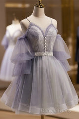 Cute Off Shoulder Tulle And Lace Straps Homecoming Dresses, Short Prom Dresses