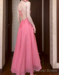 Cute Pink A-Line Chiffon Spaghetti Strap Backless Long Prom Dress Party Dress