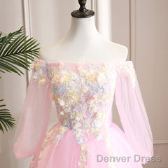 Cute Pink Ball Gown Sweet 16 Dress With Flowers, Pink Tulle Long Formal Dress