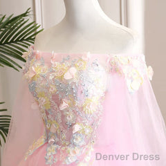 Cute Pink Ball Gown Sweet 16 Dress With Flowers, Pink Tulle Long Formal Dress