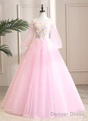 Cute Pink Ball Gown Sweet 16 Dress With Flowers, Pink Tulle Long Formal Dress