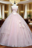 Cute Pink Ball Gowns Tulle with Flowers Sweet 16 Dress, Pink Tulle Prom Dresses