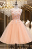 Cute Pink Flowers And Lace Applique Round Neckline Prom Dress, Pink Homecoming Dresses