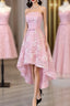 Cute Pink High Low Lace Scoop Homecoming Dress, Pink Short Prom Dresses