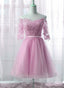 Cute Pink Knee Length Short Sleeves Prom Dress, Tulle Prom Dresses