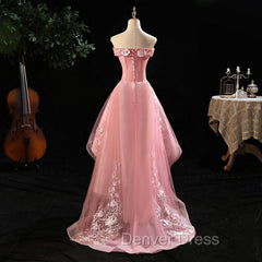 Cute Pink Off Shoulder High Low Tulle with Lace Party Dresses, Pink Homecoming Dresses