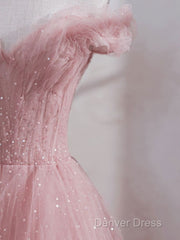 Cute Pink Princess Tulle Sequin Prom Dresses Off The Shoulder Evening Dresses