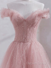Cute Pink Princess Tulle Sequin Prom Dresses Off The Shoulder Evening Dresses