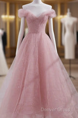 Cute Pink Princess Tulle Sequin Prom Dresses Off The Shoulder Evening Dresses