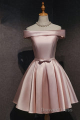 Cute Pink Satin Off Shoulder Knee Length Formal Dresses, Lovely Prom Dresses
