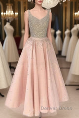 Cute Pink Sequin Tea-Long Prom Dresses, Pink Sequin Formal Dresses For Teens