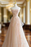 Cute Pink Strapless Tulle Long Formal Dresses with Flowers, Pink Tulle Prom Dresses