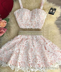 Cute Pink Two Pieces Lace Short Prom Dress, Pink Homecoming Dress