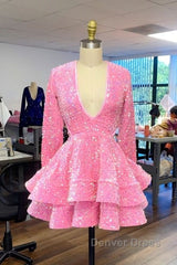 Cute Pink V Neck Long Sleeves Homecoming Dresses