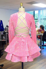 Cute Pink V Neck Long Sleeves Homecoming Dresses