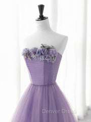 Cute Purple Tulle A-Line Long Prom Dresses With Flowers, Purple Tulle Party Dresses