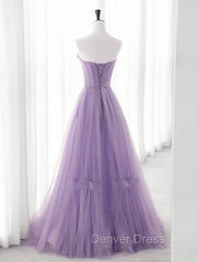 Cute Purple Tulle A-Line Long Prom Dresses With Flowers, Purple Tulle Party Dresses