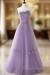 Cute Purple Tulle A-Line Long Prom Dresses With Flowers, Purple Tulle Party Dresses
