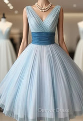 Cute Retro V Neck Blue Short Prom Dresses, Bridesmaid Dresses