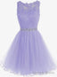Cute Round Neck Lace Short Purple Prom Dresses, Purple Homecoming Dresses