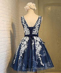 Cute Round Neck Lace Tulle Dark Blue Short Prom Dresses, Bridesmaid Dresses