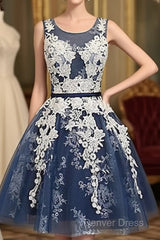 Cute Round Neck Lace Tulle Dark Blue Short Prom Dresses, Bridesmaid Dresses