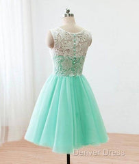 Cute Round Neck Lace Tulle Short Green Prom Dresses, Bridesmaid Dresses