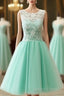 Cute Round Neck Lace Tulle Short Green Prom Dress, Bridesmaid Dresses