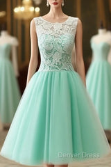 Cute Round Neck Lace Tulle Short Green Prom Dresses, Bridesmaid Dresses