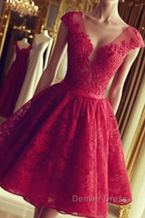 Cute Round Neck Red Lace Short Prom Dresses, Red Homecoming Dresses