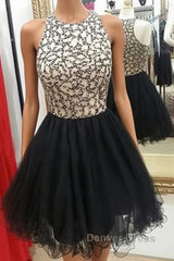 Cute Round-Neck Sequin Tulle Short Black Prom Dresses, Black Homecoming Dresses