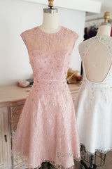 Cute round neck tulle lace short prom Dresses lace bridesmaid Dresses