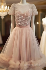 Cute Round Neck Tulle Short Prom Dresses, Cute Homecoming Dresses