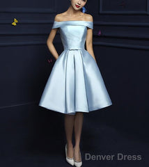 Cute Satin A-Line Short Homecoming Dress , Off Shoulder Lace-Up Formal Dress